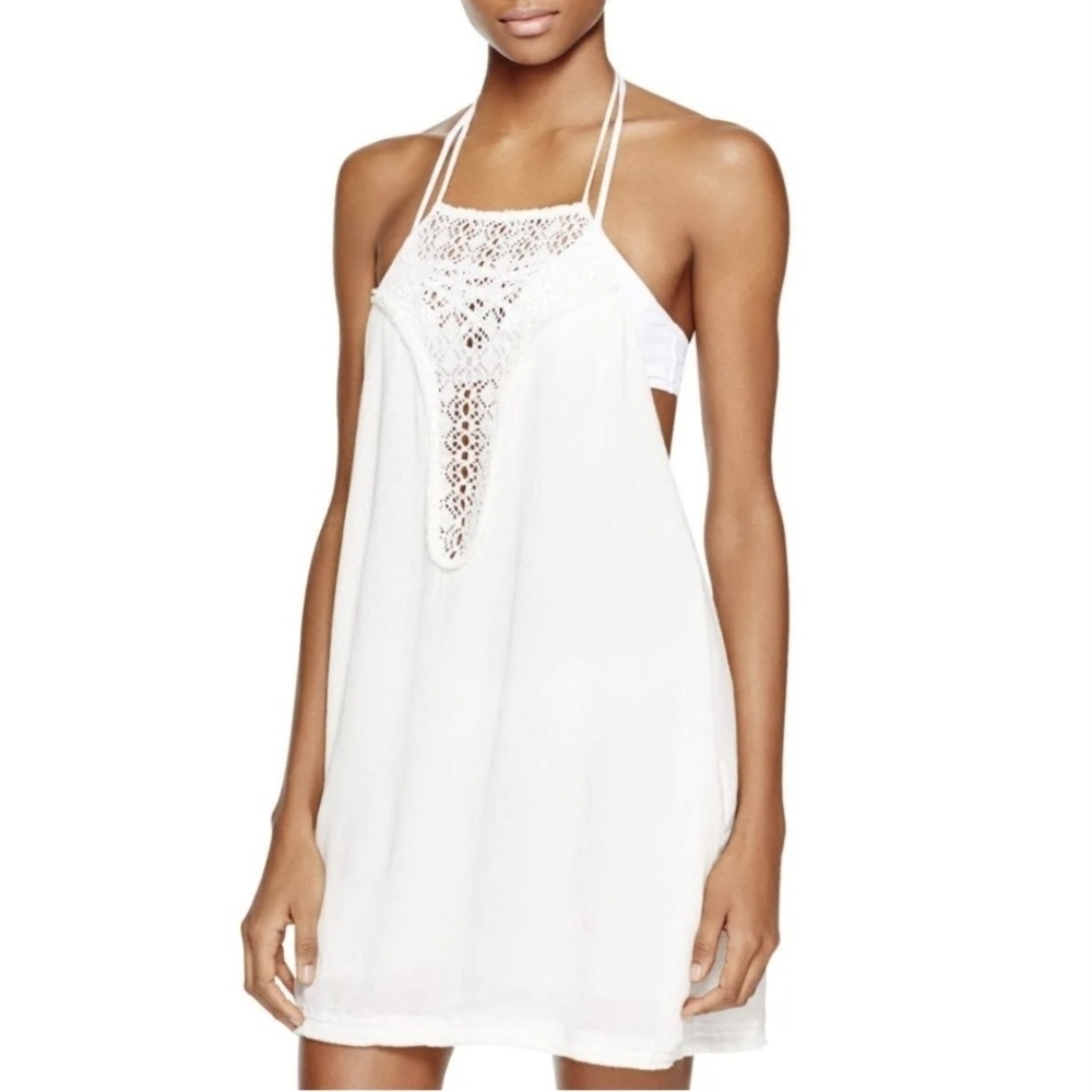 Lspace White Beach Coverup Mini Dress Crochet Halter Open Back